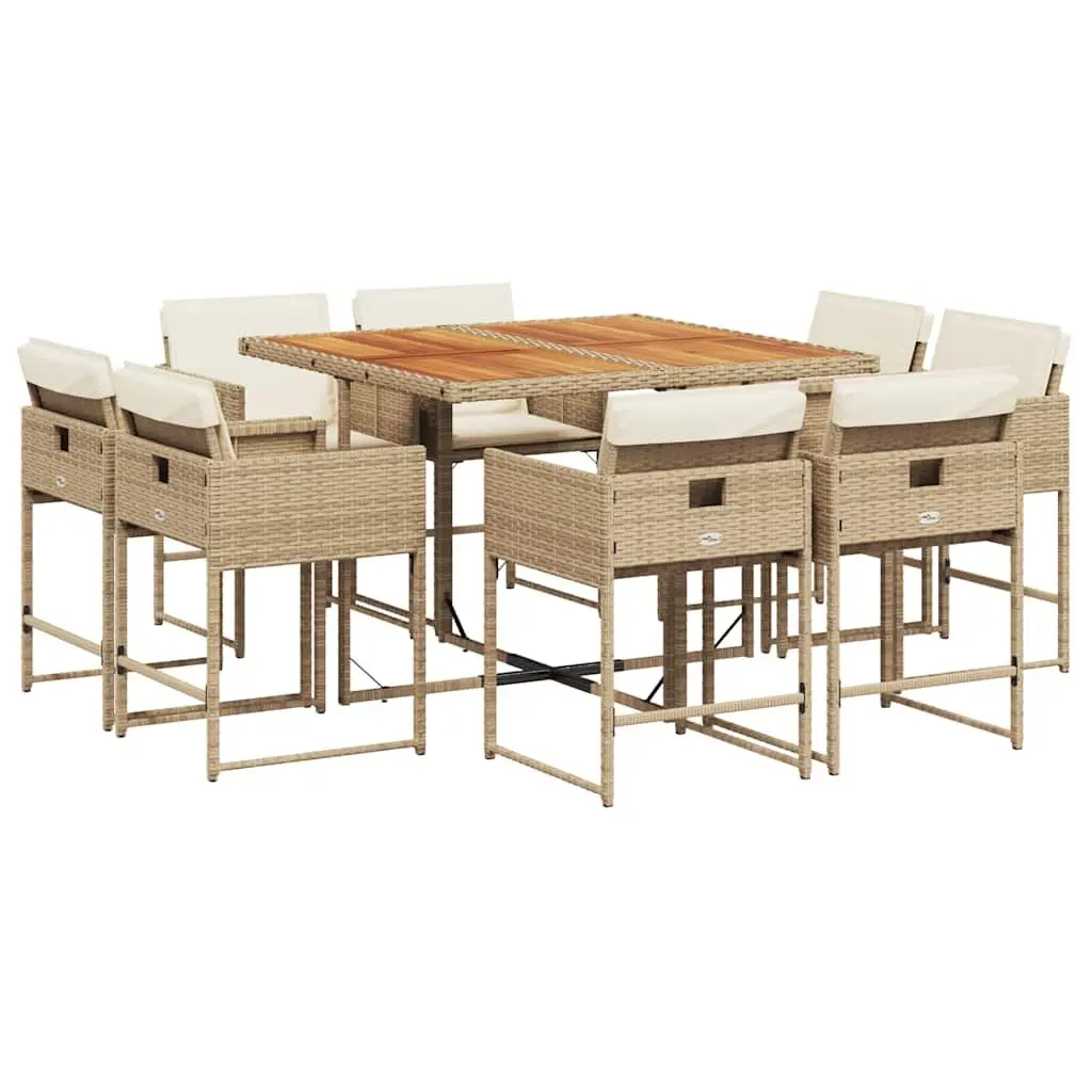 Outdoor Dining Set 9 Piece Garden Furniture Poly Rattan Acacia Wood Table Beige