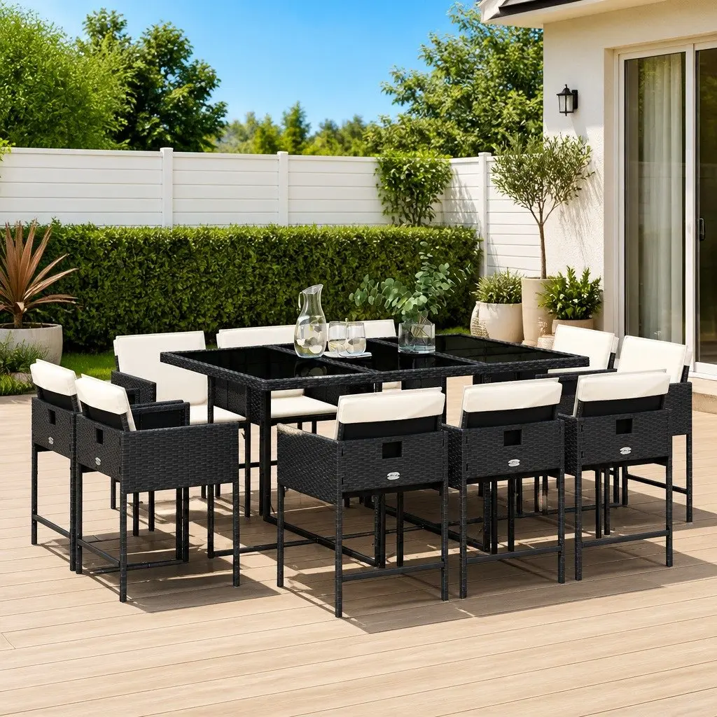 Garden Dining Set 11 Piece Black Rattan Cushioned Chairs Table Outdoor