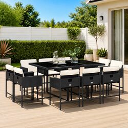Outdoor Garden Dining Set 11 Pieces Black Poly Rattan Chairs Table Cushions