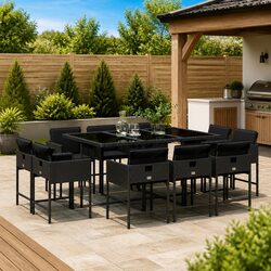 Outdoor Dining Set 11 Piece Garden Furniture with Cushions Black Poly Rattan