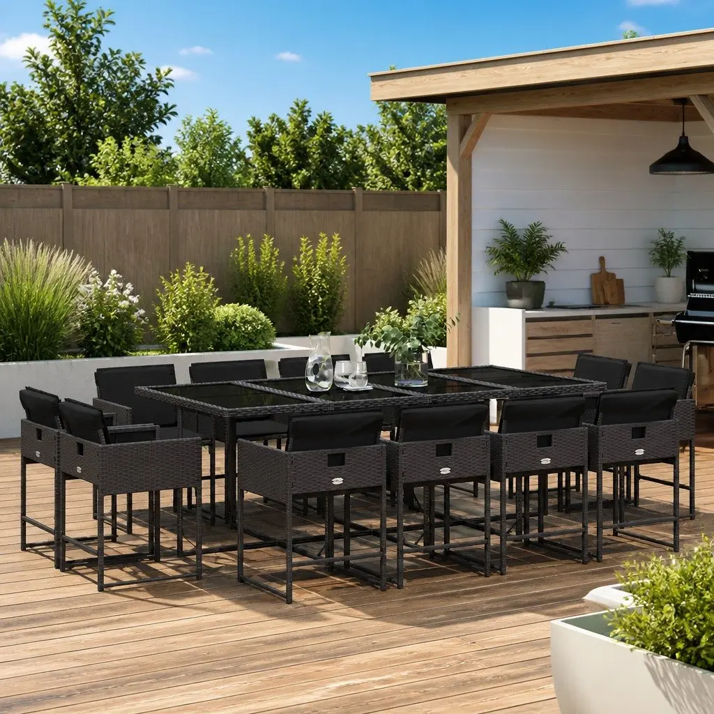 Outdoor Dining Set 13 Pieces Black Poly Rattan with Cushions