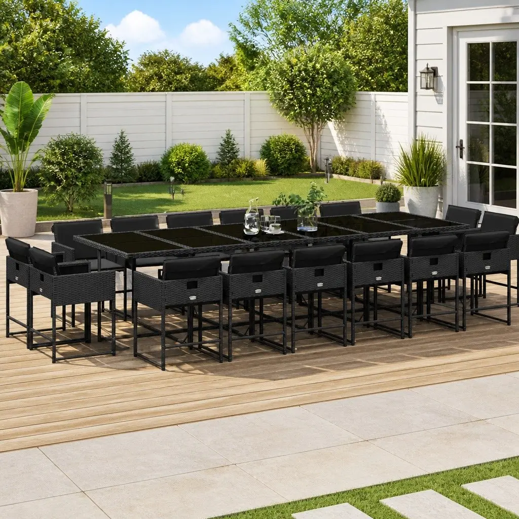 Garden Dining Set 17 Piece Outdoor Furniture Black Poly Rattan with Cushions