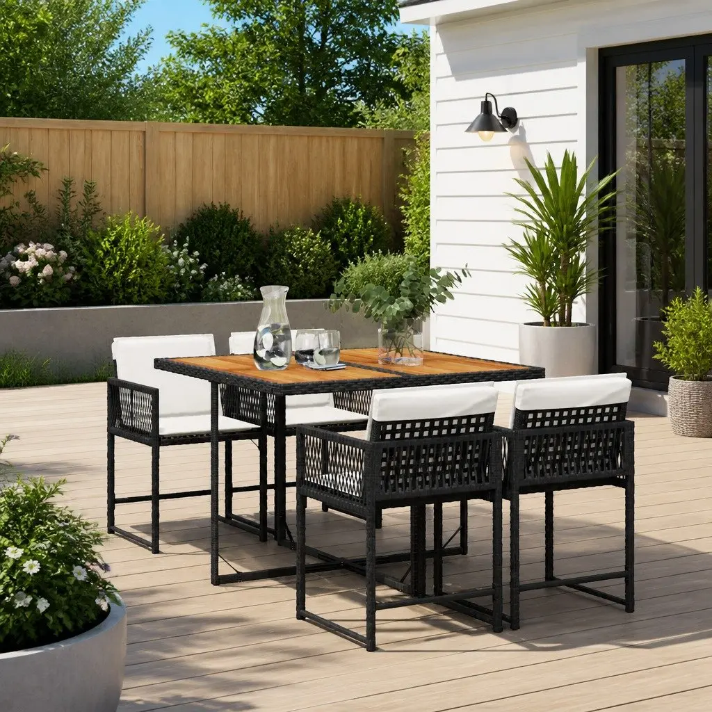 Garden Dining Set 5 Piece Outdoor Furniture Black Poly Rattan with Cushions