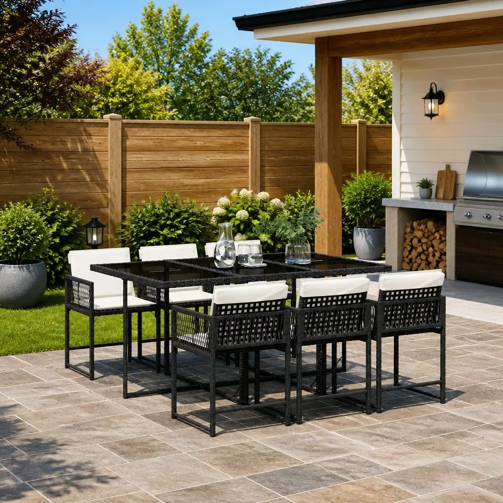 7 Piece Garden Dining Set Outdoor Patio Furniture with Cushions Black Poly Rattan