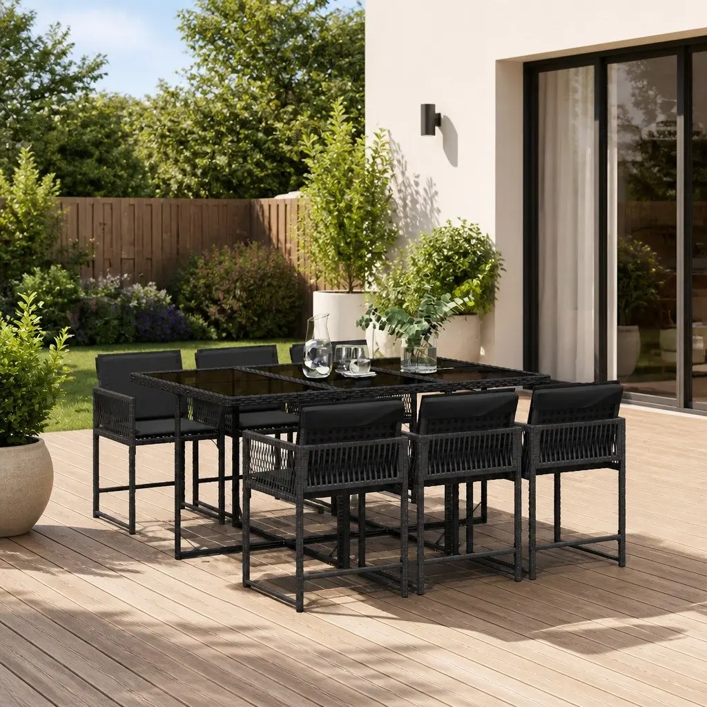 Outdoor Dining Set 7 Piece Black Poly Rattan Chairs with Cushions and Tempered Glass Table