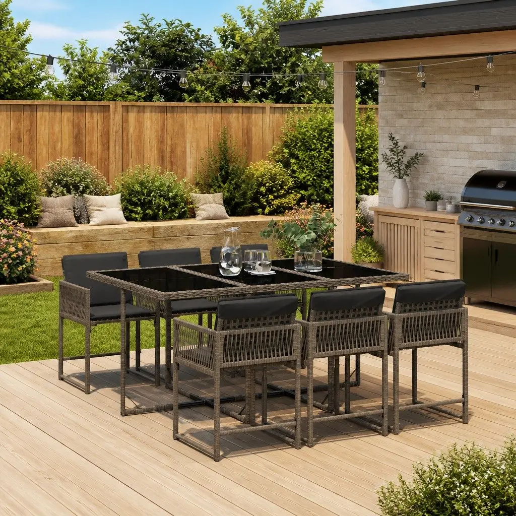 Outdoor Furniture Set Grey PE Rattan 7 Piece Dining Set with Cushions and Tempered Glass Table