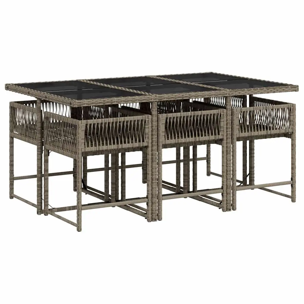 Outdoor Furniture Set Grey PE Rattan 7 Piece Dining Set with Cushions and Tempered Glass Table
