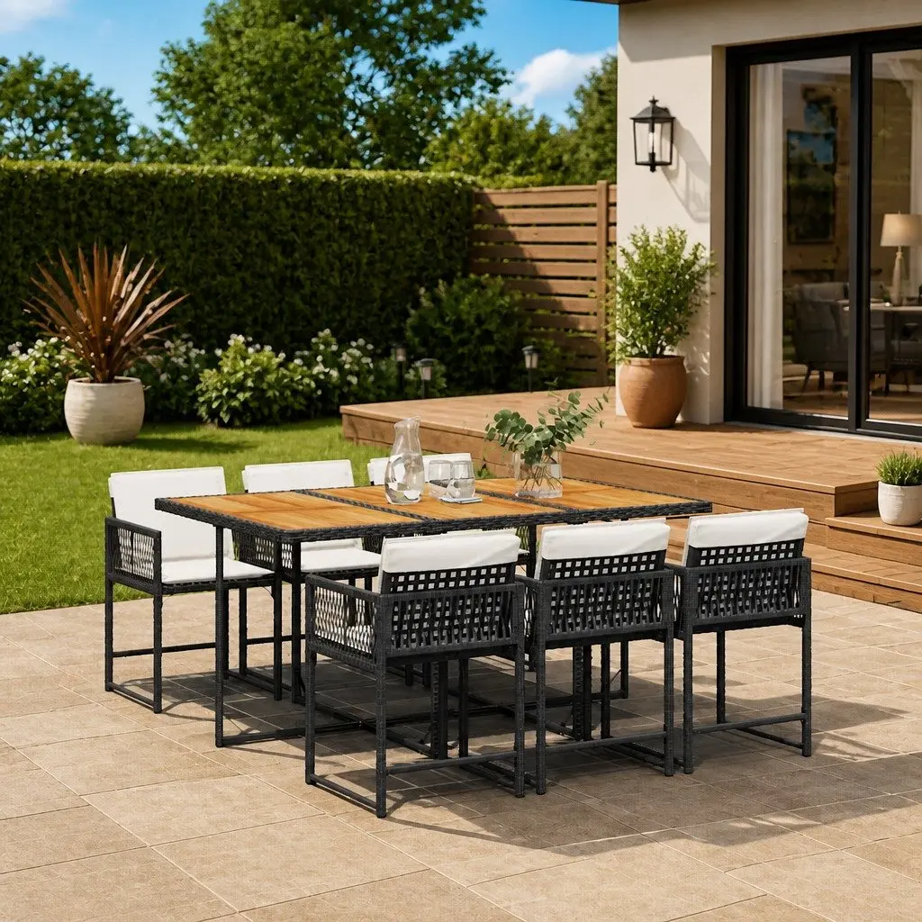7 Piece Outdoor Dining Set Patio Furniture Folding Chairs with Cushions and Acacia Wood Table Black PE Rattan