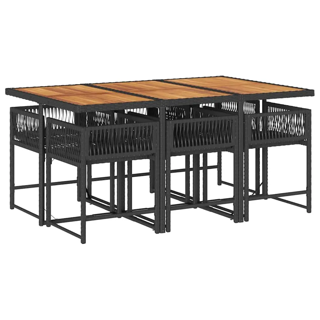 7 Piece Outdoor Dining Set Patio Furniture Folding Chairs with Cushions and Acacia Wood Table Black PE Rattan