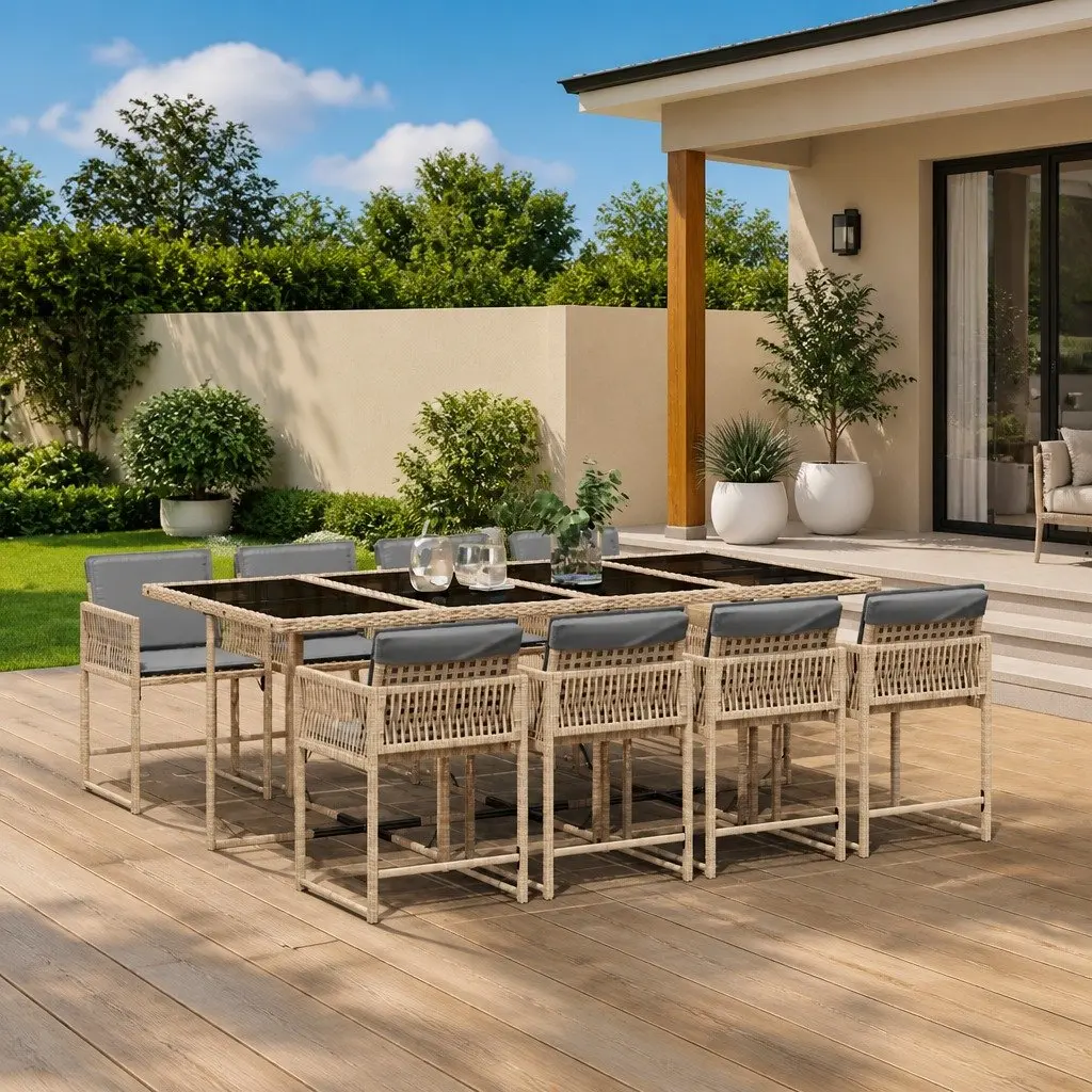 Outdoor Patio Furniture Set 9 Piece Beige Poly Rattan Cushioned Dining Chairs with Glass Top Table
