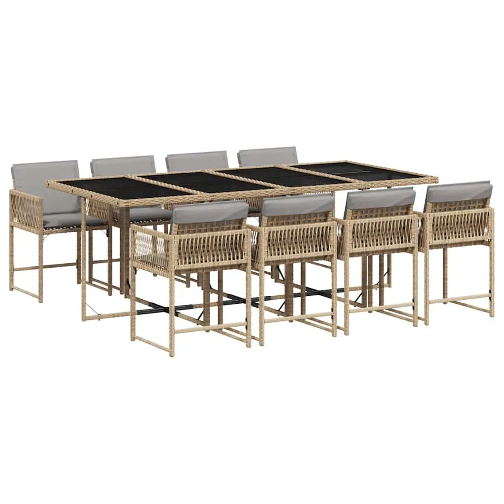 Outdoor Patio Furniture Set 9 Piece Beige Poly Rattan Cushioned Dining Chairs with Glass Top Table