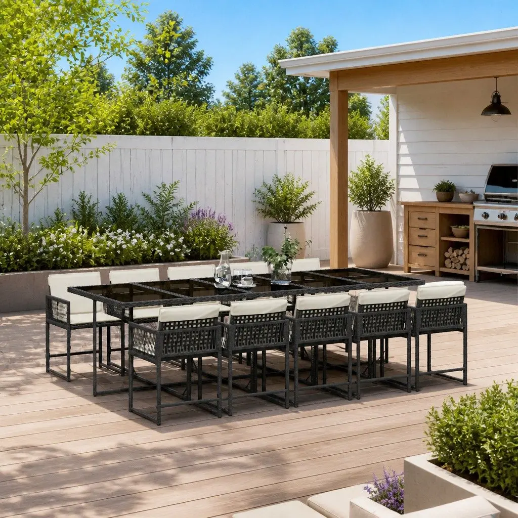 11 Piece Garden Dining Set Black PE Rattan with Cushions