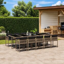 11 Piece Outdoor Dining Set Grey Poly Rattan Garden Furniture with Cushions