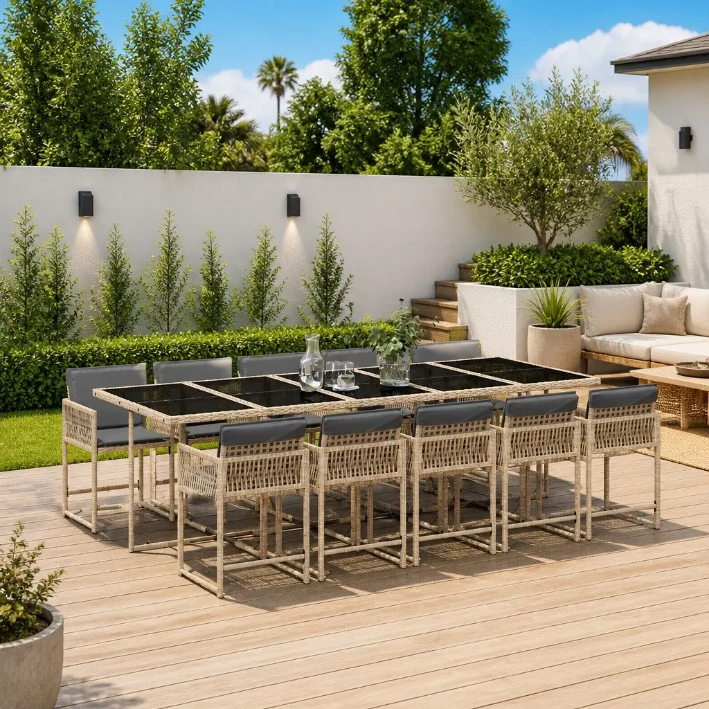 Outdoor Dining Set 11 Piece PE Rattan Chairs with Folding Backrests and Tempered Glass Table Beige