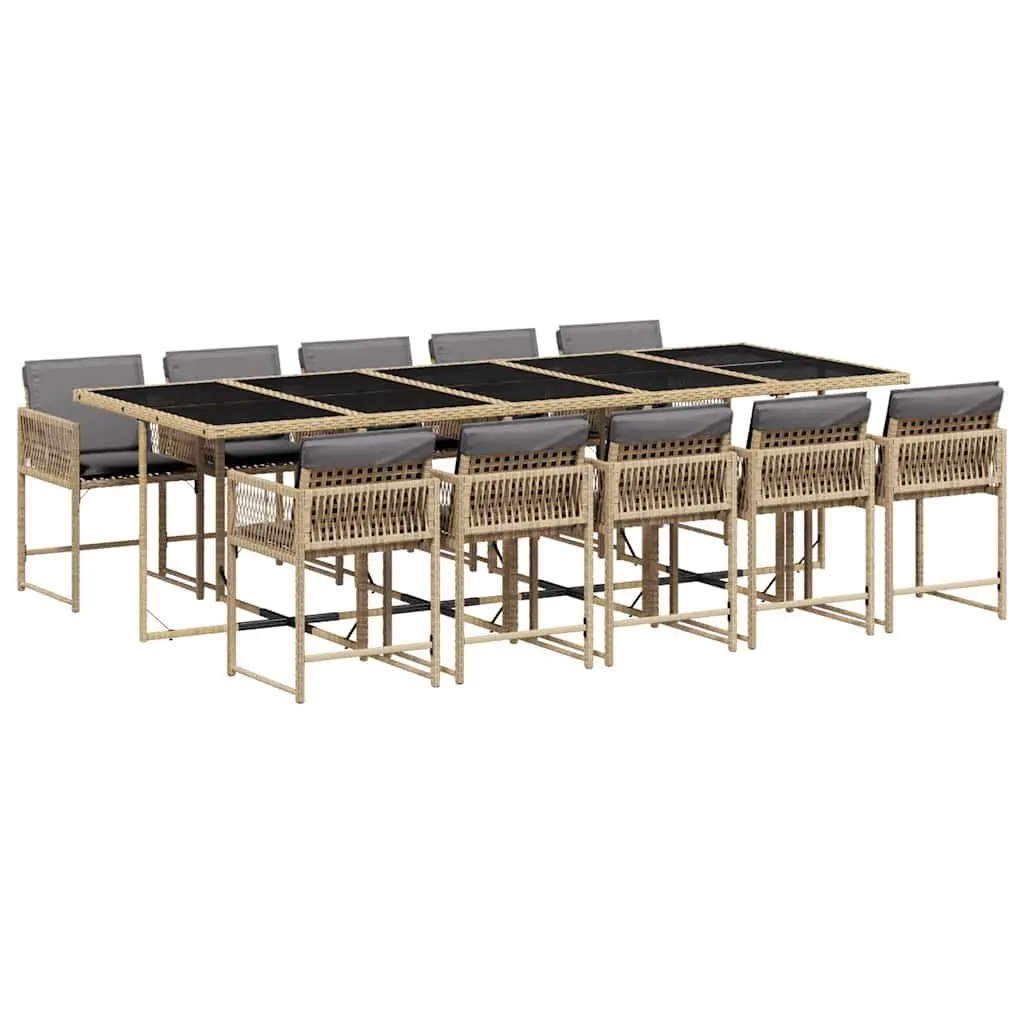 Outdoor Dining Set 11 Piece PE Rattan Chairs with Folding Backrests and Tempered Glass Table Beige