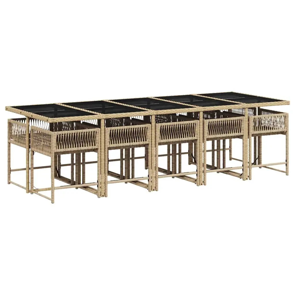 Outdoor Dining Set 11 Piece PE Rattan Chairs with Folding Backrests and Tempered Glass Table Beige