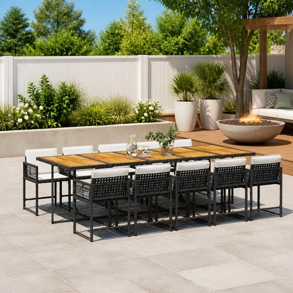 11 Piece Garden Dining Set Black Poly Rattan Chairs Table Cushions Outdoor