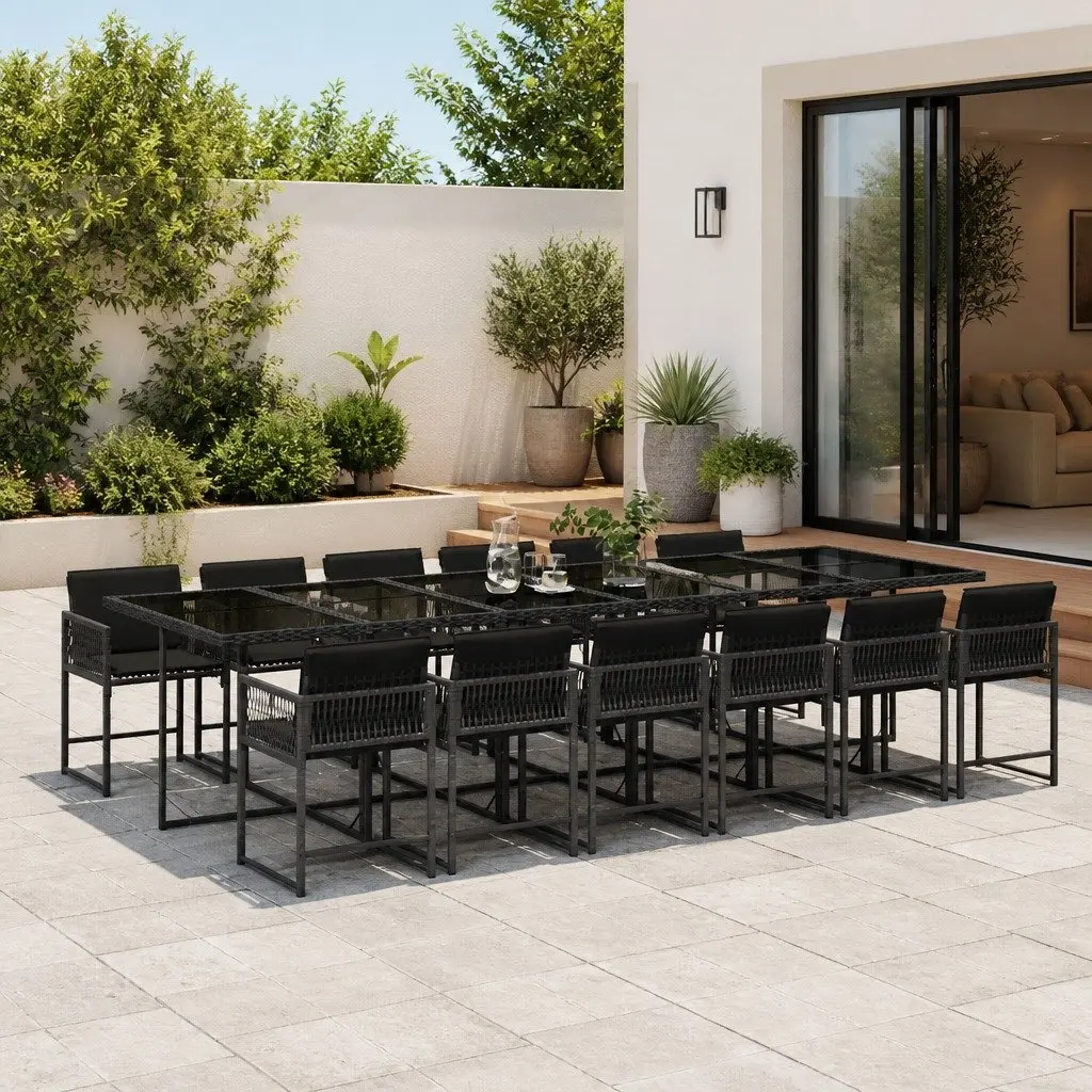 Outdoor Dining Set 13 Piece Weather Resistant Black PE Rattan Chairs with Tempered Glass Table for Patio and Garden