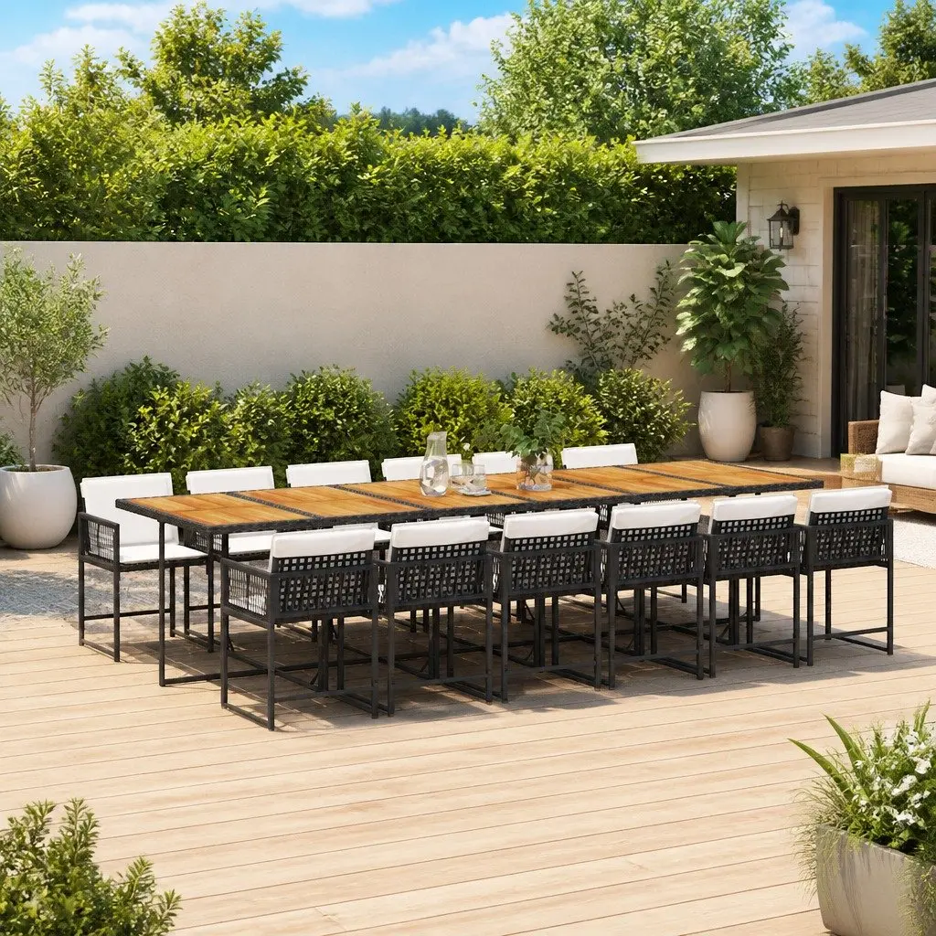 Dining Set 13 Piece Black PE Rattan Chairs Table Cushions Outdoor Garden Patio