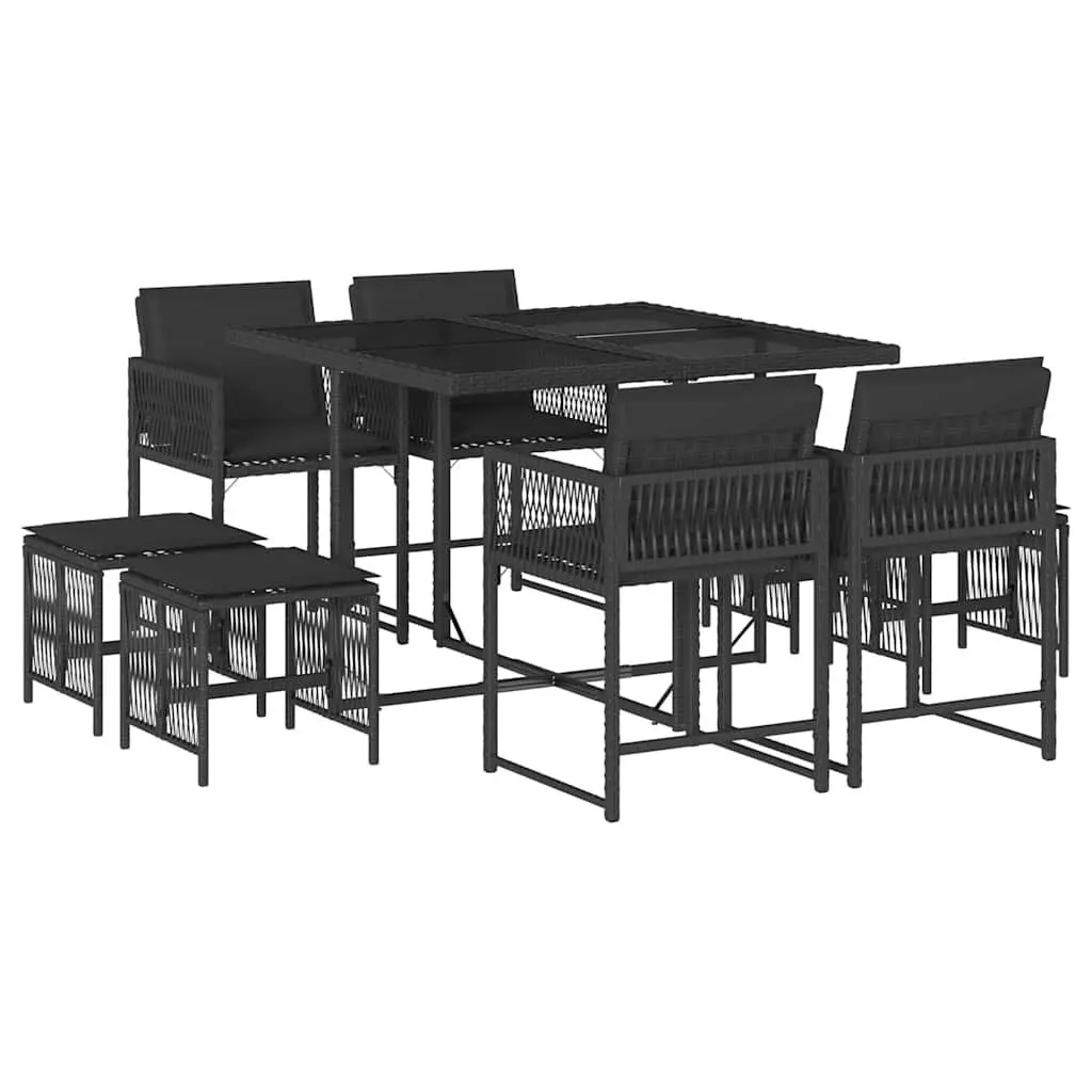 9 Piece Outdoor Dining Set with Cushions Black PE Rattan Patio Furniture