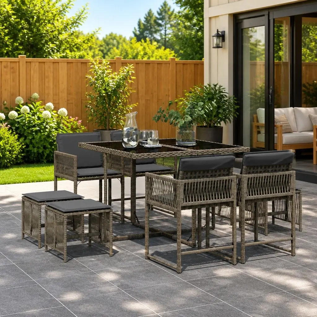 Garden Dining Set 9 Piece Grey Poly Rattan Chairs Table Patio