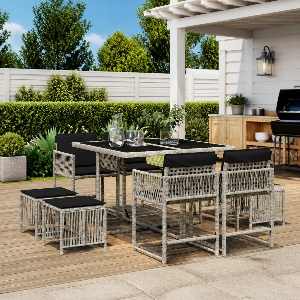 Garden Dining Set 9 Piece Grey Poly Rattan Outdoor Furniture with Cushions