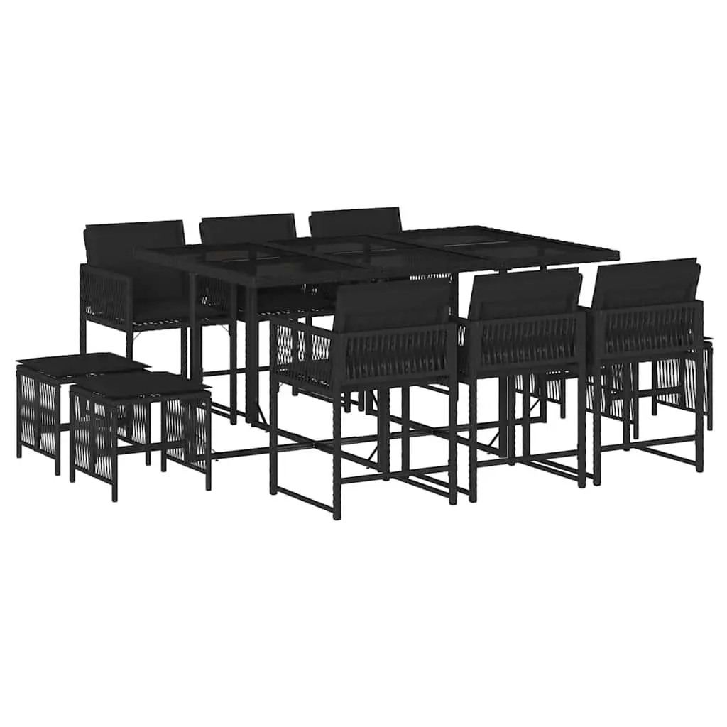 11 Piece Dining Set Black Poly Rattan Cushions Table Chairs Outdoor Garden