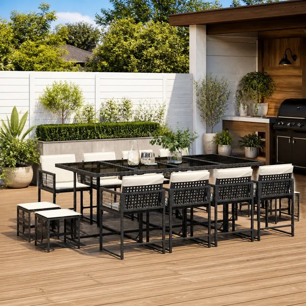 Outdoor Dining Set 13 Piece Black Poly Rattan Chairs Table