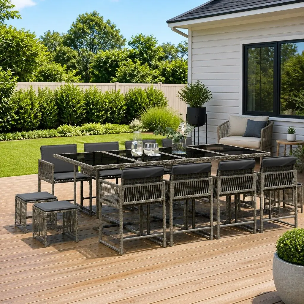 Garden Dining Set Grey Poly Rattan 13 Piece Outdoor Furniture with Cushions