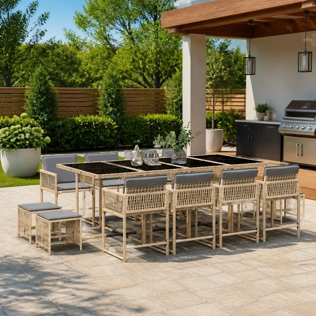 Garden Dining Set 13 Piece Outdoor Furniture PE Rattan Chairs Table Cushions Beige