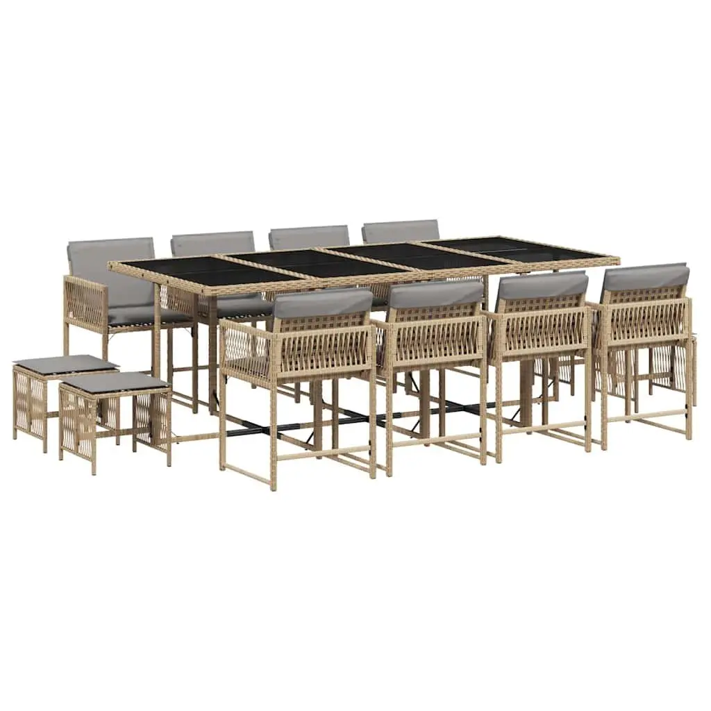 Garden Dining Set 13 Piece Outdoor Furniture PE Rattan Chairs Table Cushions Beige