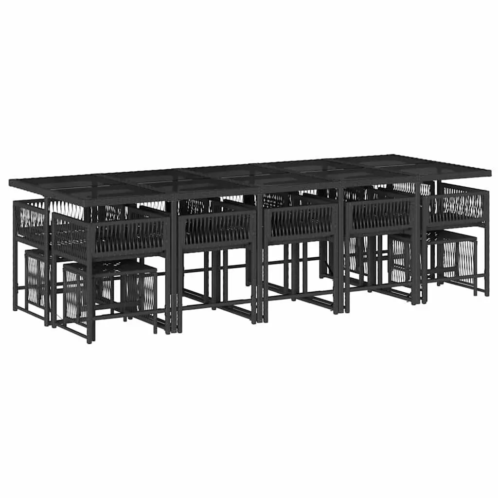 Outdoor Dining Set 15 Piece Durable Black PE Rattan Furniture with Folding Chairs and Tempered Glass Table