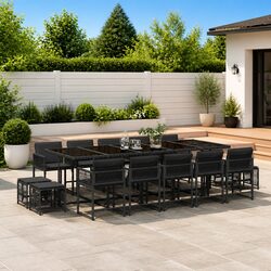 15 Piece Outdoor Dining Set PE Rattan Chairs Table with Cushions Black Patio