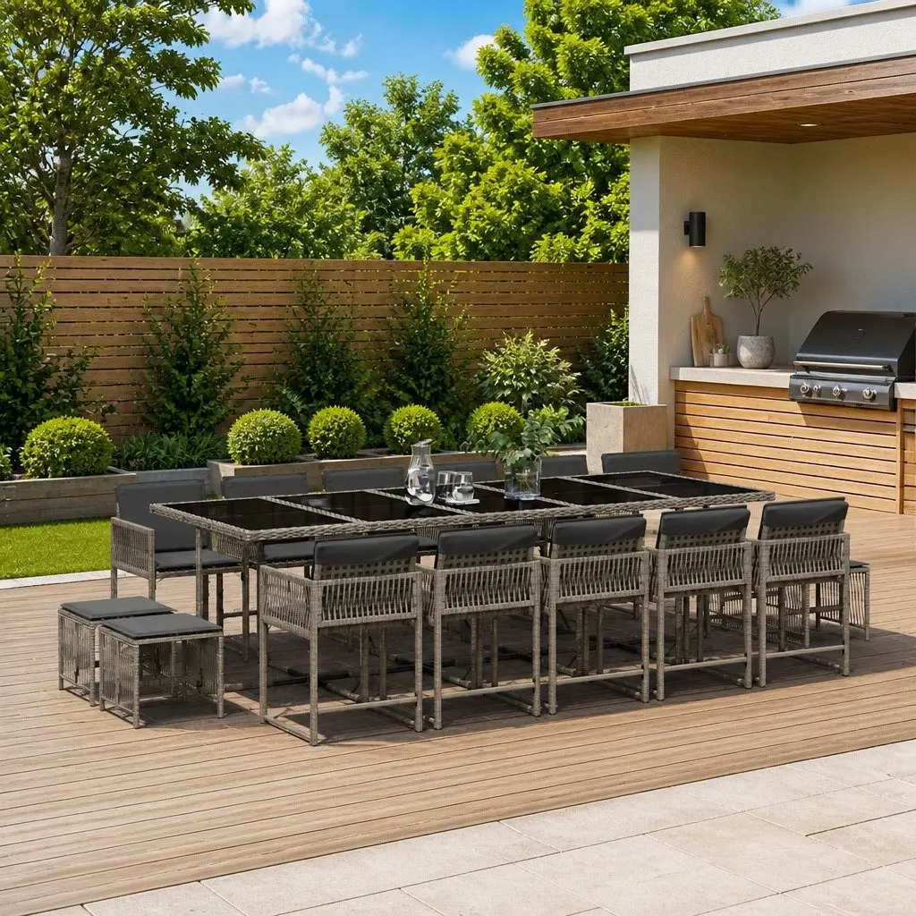 Garden Dining Set Grey Poly Rattan 15 Piece Outdoor Furniture with Cushions