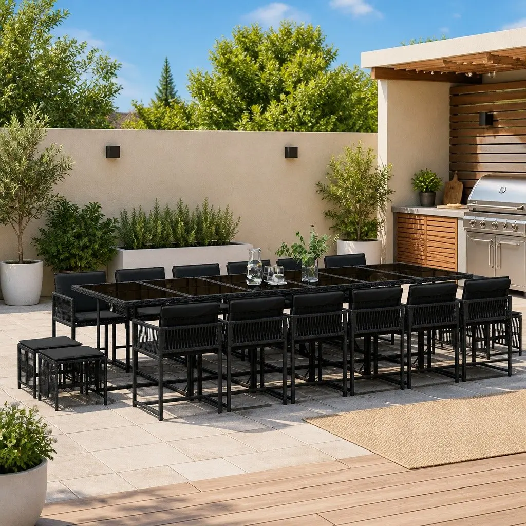 17 Piece Black PE Rattan Outdoor Dining Set with Cushions Table and Chairs for Patio Garden and Backyard