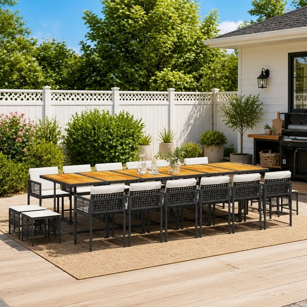 17 Piece Garden Dining Set Black Poly Rattan with Cushions