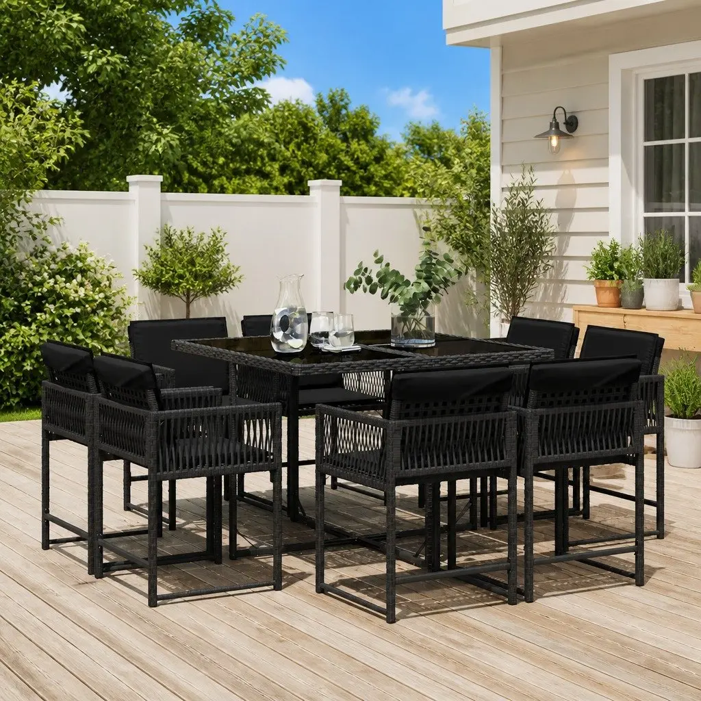 9 Piece Patio Dining Set Black Poly Rattan Cushioned Foldable Chairs Garden