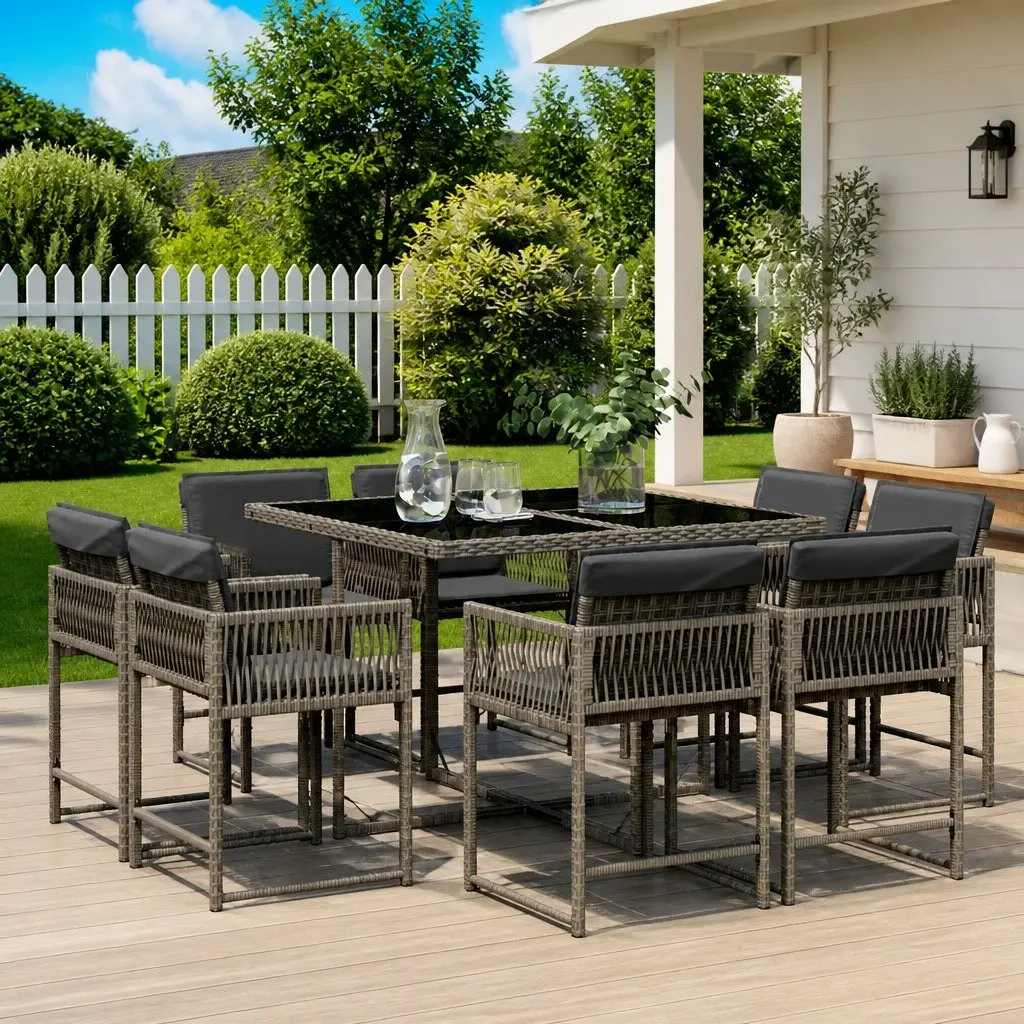 9 Piece Outdoor Dining Set Grey Rattan Patio Furniture Table and Chairs