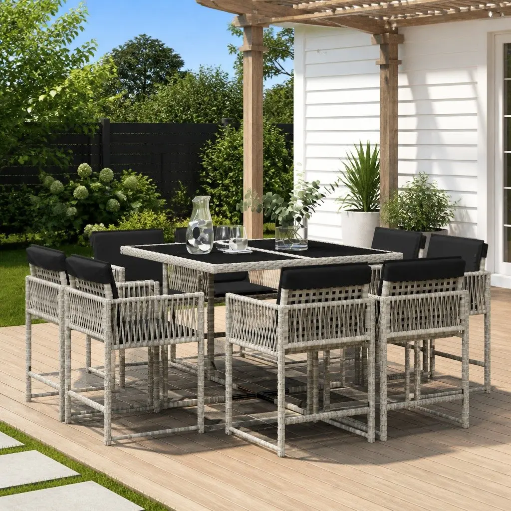 Garden Dining Set 9 Piece Grey Poly Rattan Chairs Table Outdoor Furniture