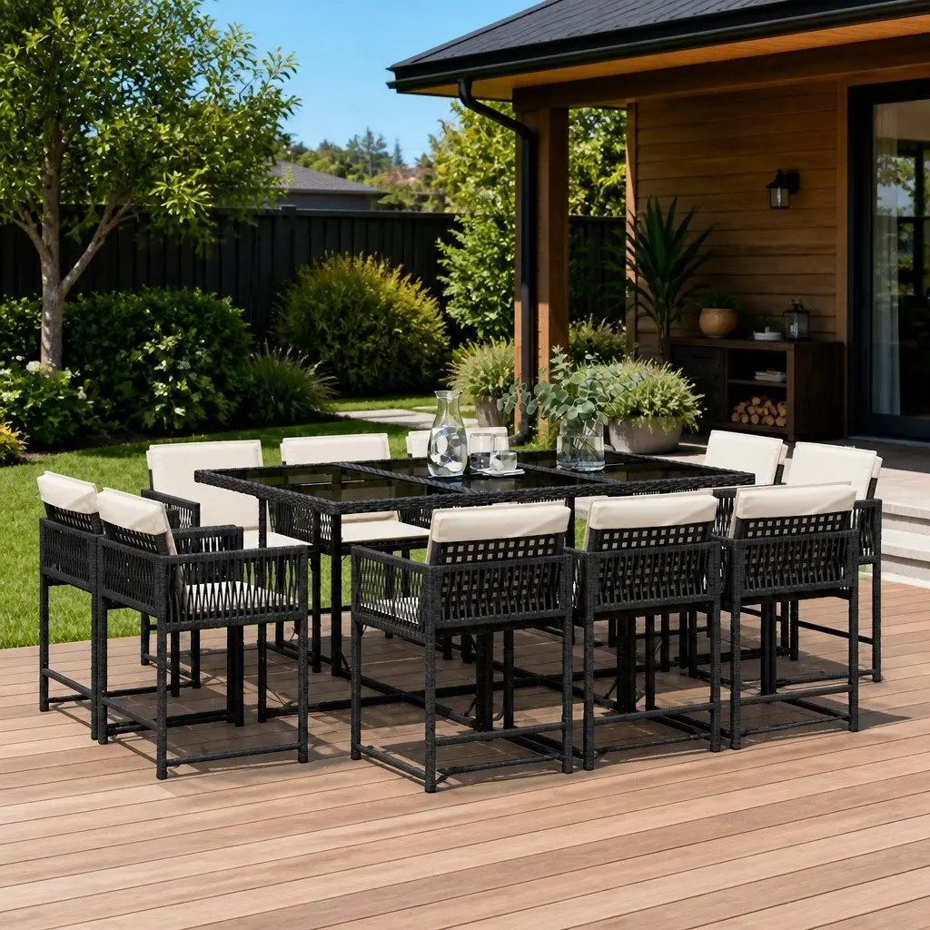Outdoor Dining Set 11 Piece Space Saving Black Poly Rattan Chairs and Table