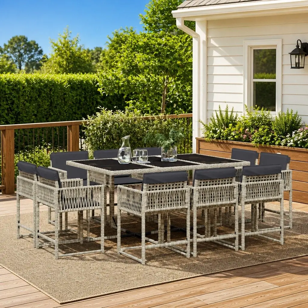 11 Piece Garden Dining Set Grey Poly Rattan with Cushions Outdoor Patio