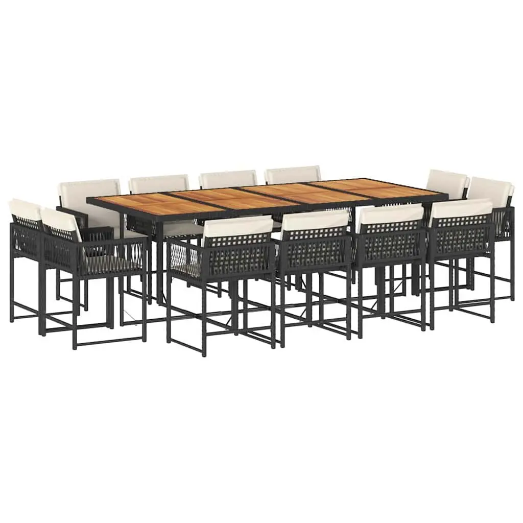 Garden Dining Set 13 Piece Black PE Rattan with Acacia Wood Table and Foldable Chairs