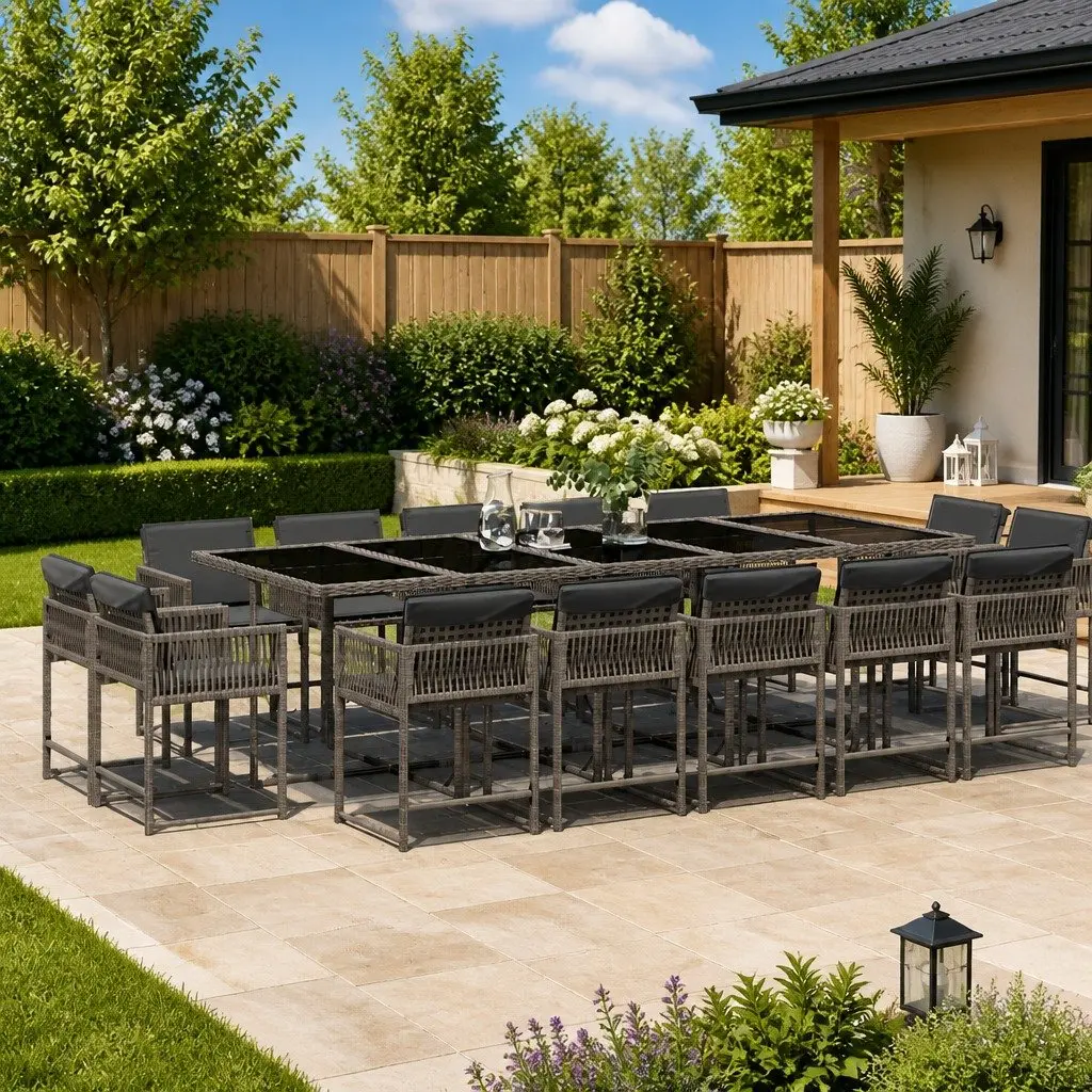 15 Piece Garden Dining Set Grey Poly Rattan Chairs Table with Tempered Glass Top and Padded Cushions
