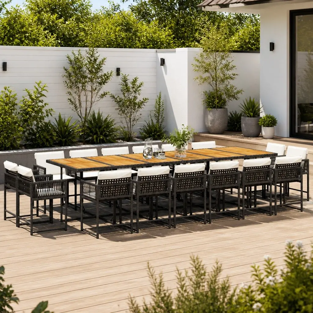 17 Piece Outdoor Garden Dining Set Black Poly Rattan Chairs Table with Cushions