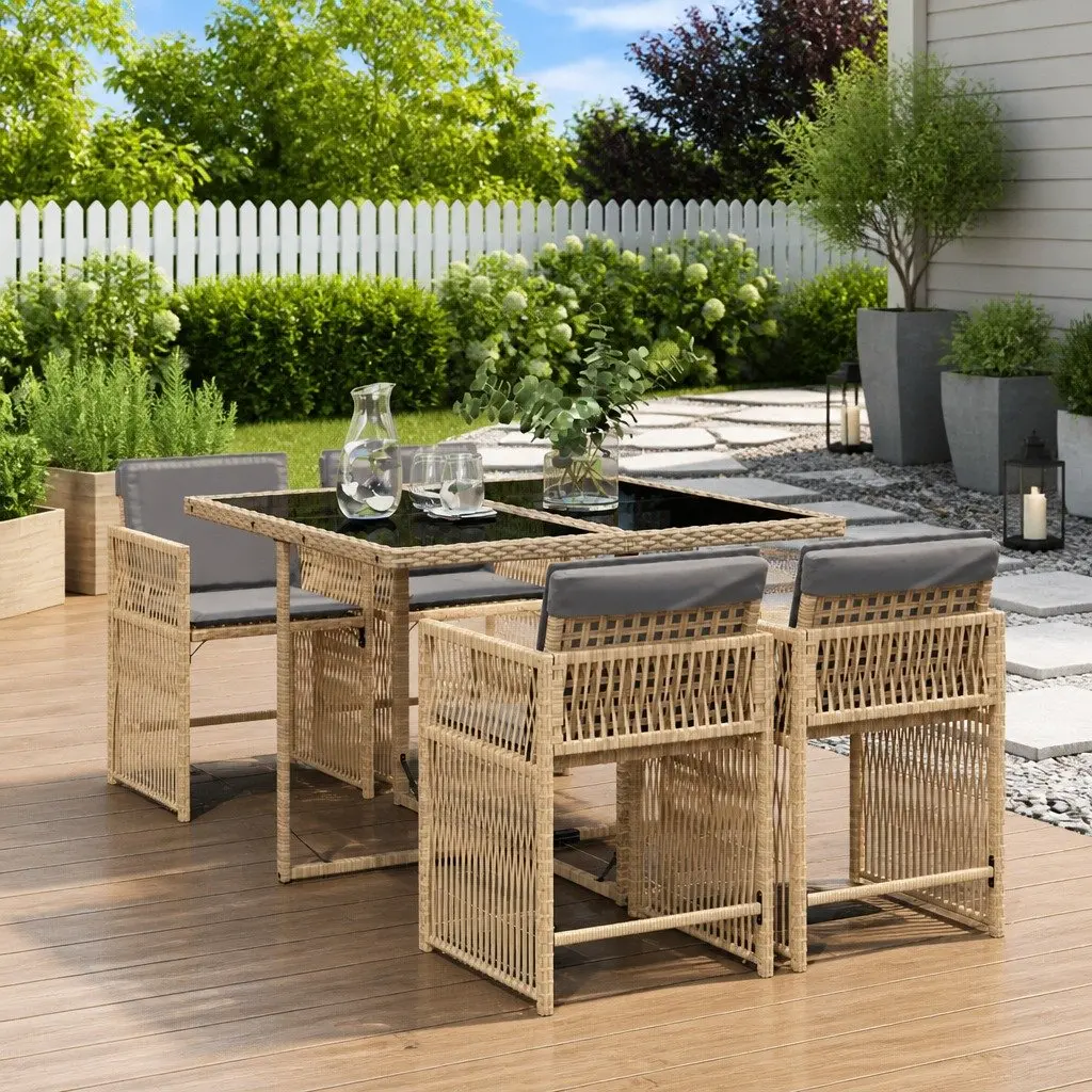 5 Piece Garden Dining Set Outdoor Furniture PE Rattan Chairs Tempered Glass Top