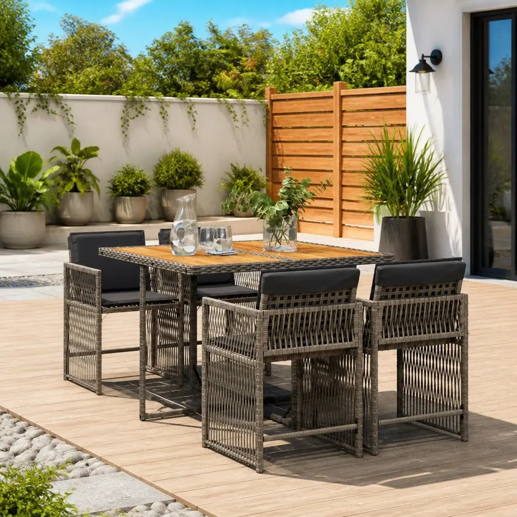 Outdoor Dining Set Grey Poly Rattan 5 Piece Garden Furniture with Cushions