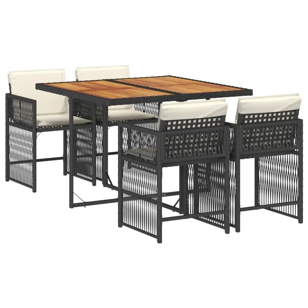 Garden Dining Set 5 Piece Black Poly Rattan Chairs Acacia Wood Table Outdoor Furniture
