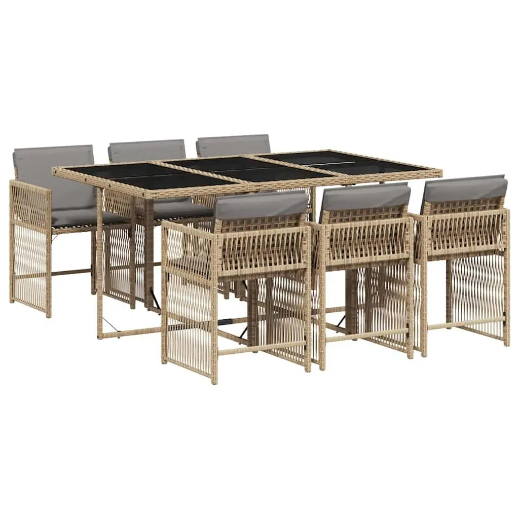7 Piece Poly Rattan Outdoor Dining Set with Foldable Chairs and Cushions Beige