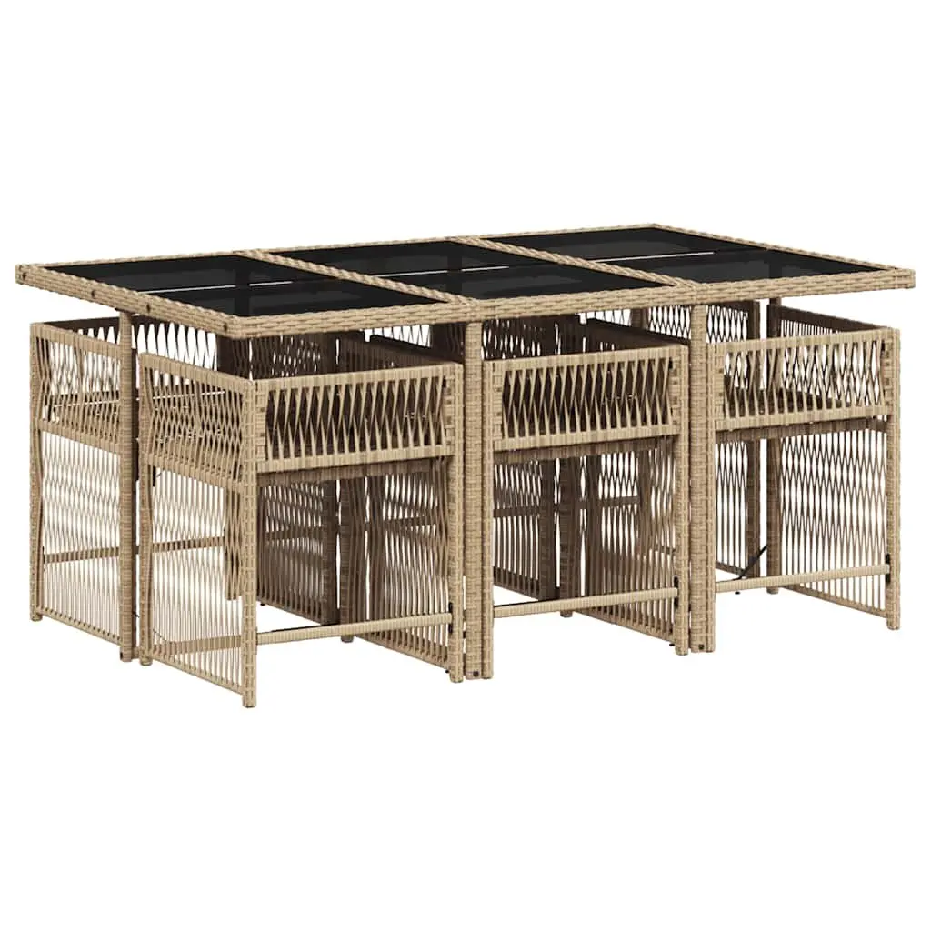 7 Piece Poly Rattan Outdoor Dining Set with Foldable Chairs and Cushions Beige