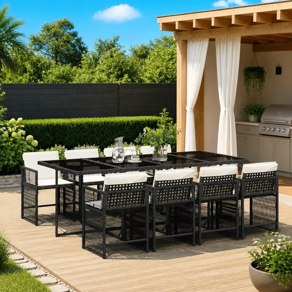 Outdoor Garden Dining Set 9 Piece Poly Rattan Chairs Table with Cushions Black